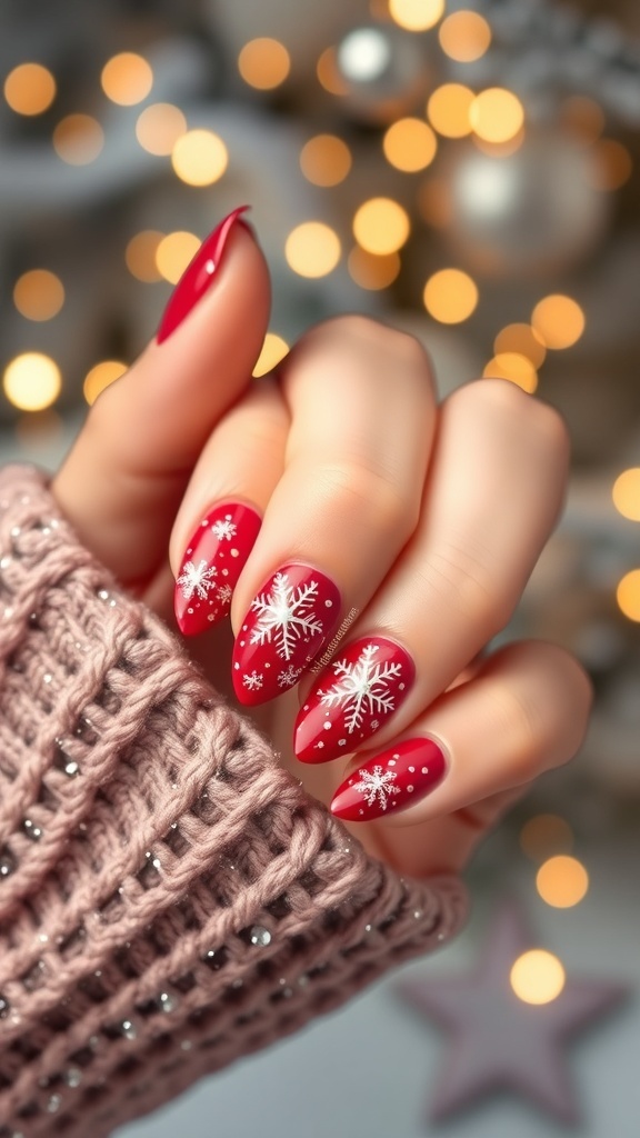 Elegant Winter Christmas Nail Designs Elegant winter Christmas nails in red with white snowflakes and gold accents on a snowy background.